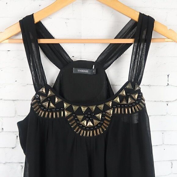 THEME BLACK SLEEVELESS SEMI SHEER MIDI DRESS WITH AZTEC BEADED DETAIL SIZE SMALL - Picture 3 of 9